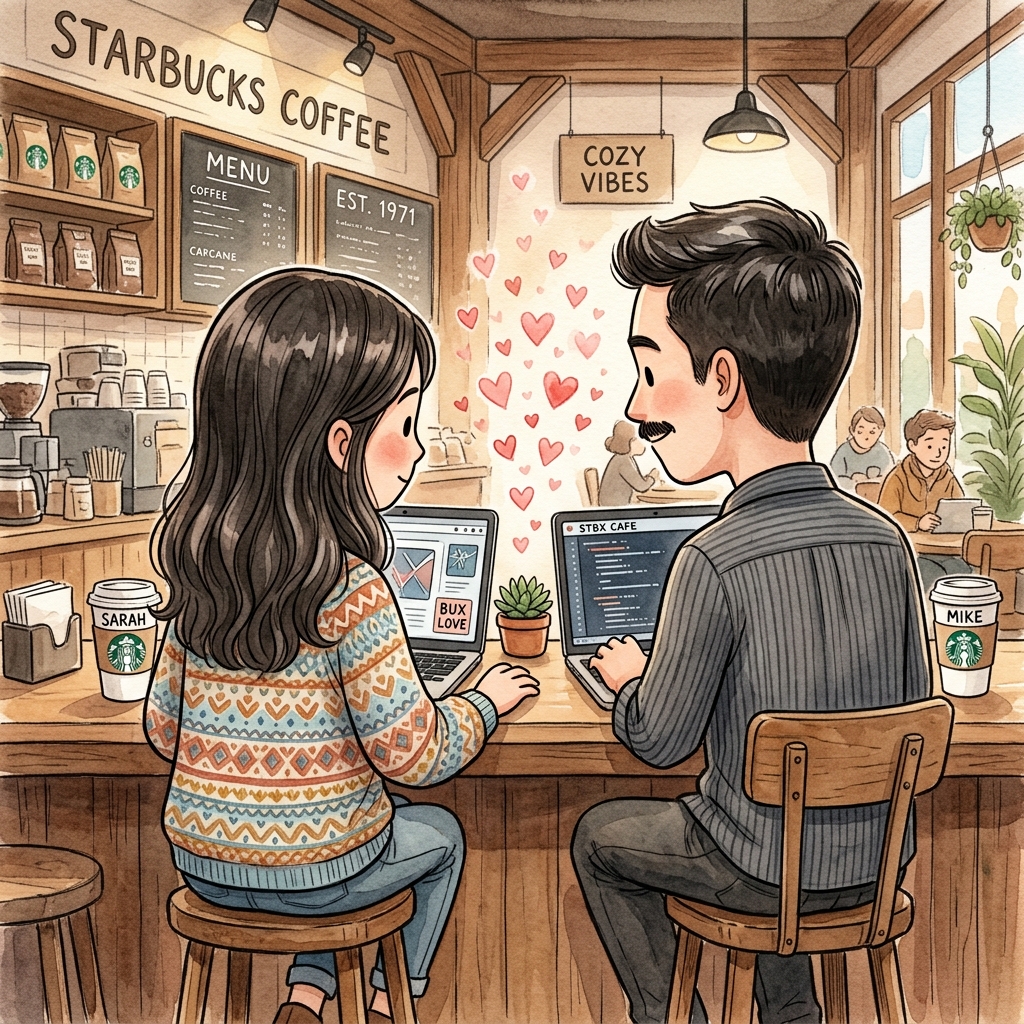 Starbucks'ta yan yana çalışan çift karikatürü