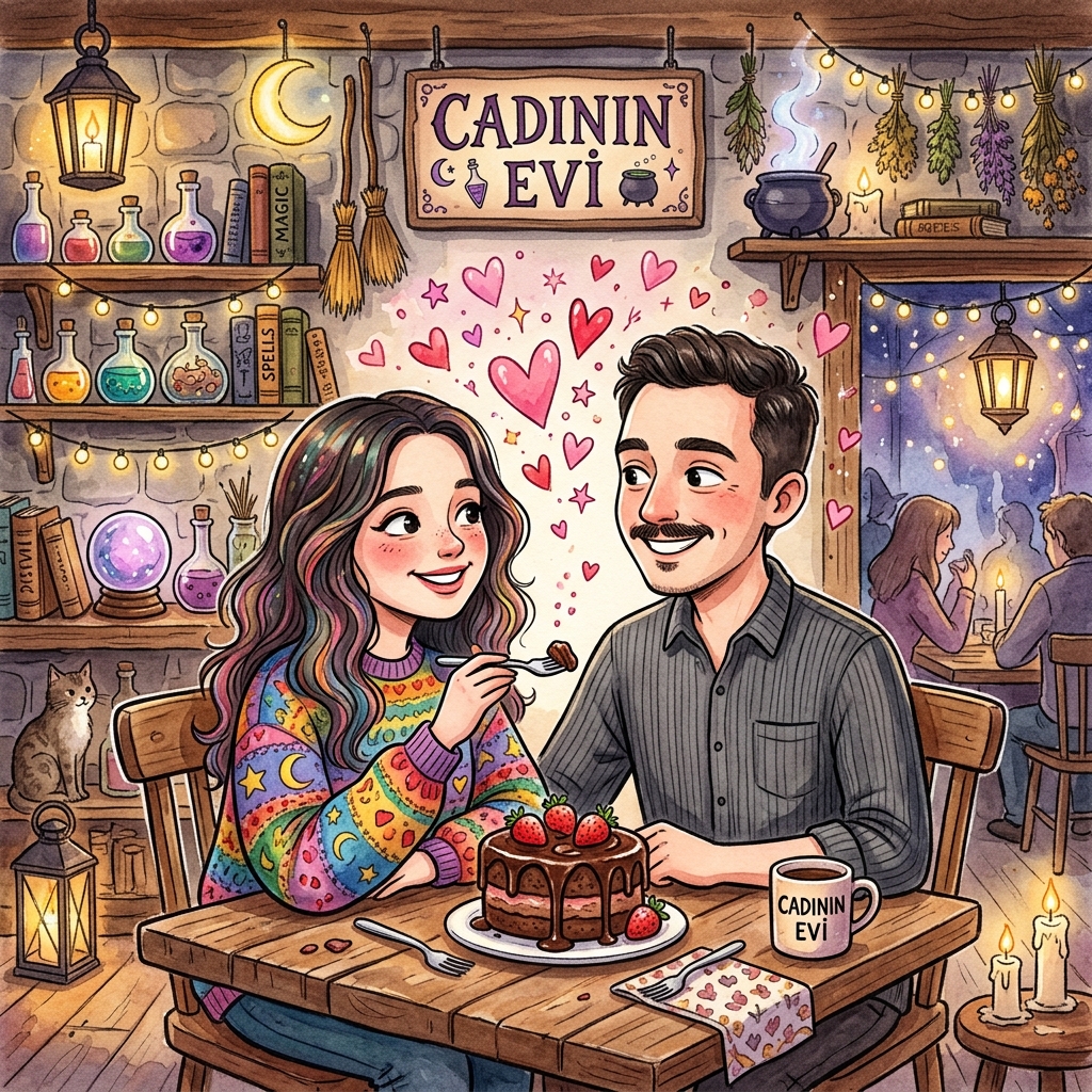 Cadının Evi'nde tatlı paylaşan çift karikatürü