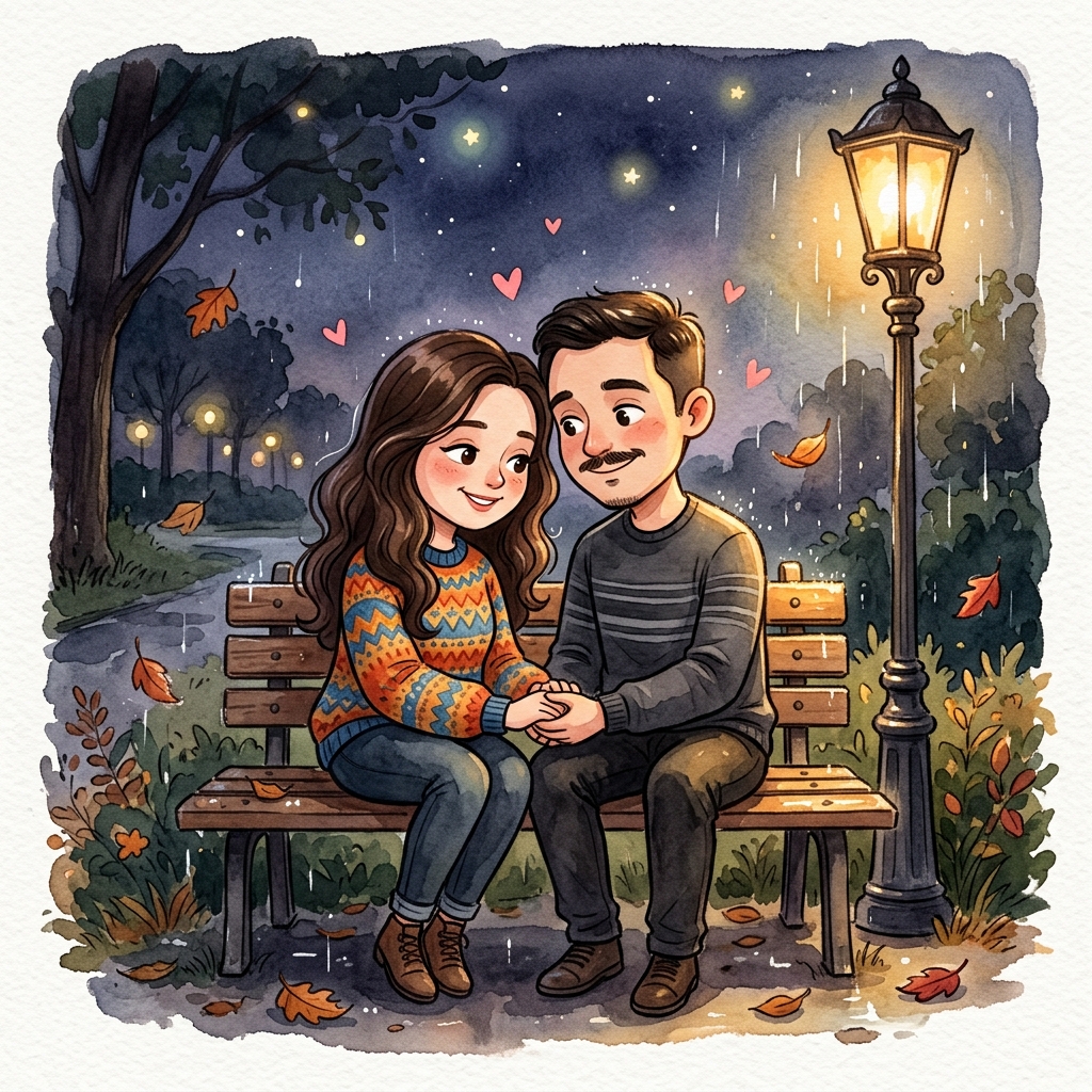 Yağmur altında el ele oturan çift karikatürü