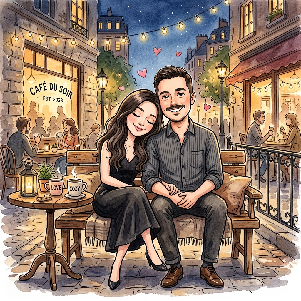 Sokakta yan yana oturan ve başını omzuna koyan çift karikatürü