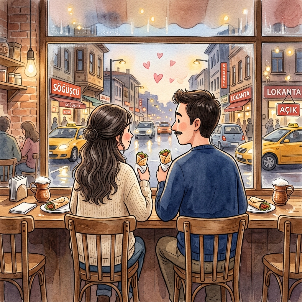 Söğüşçüde pencere kenarında oturan çift karikatürü