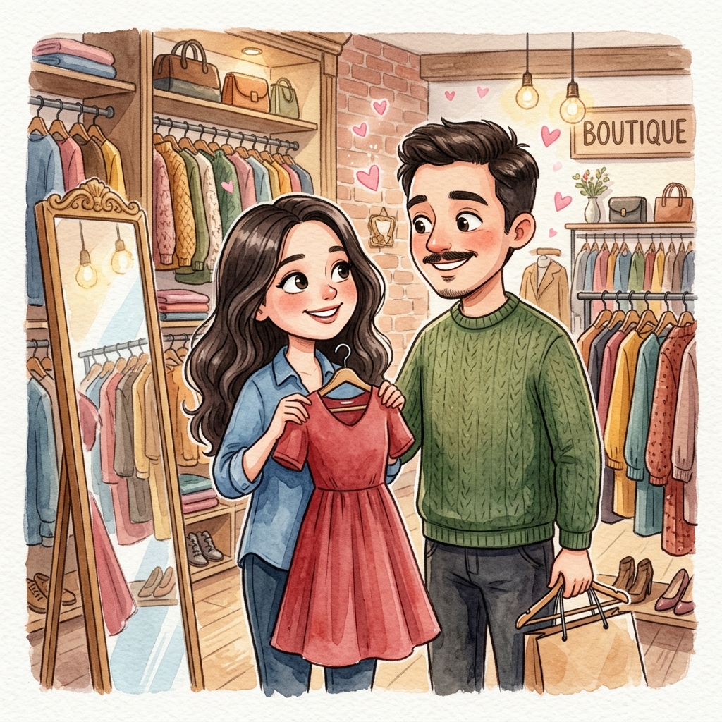 Birlikte kıyafet seçen çift karikatürü