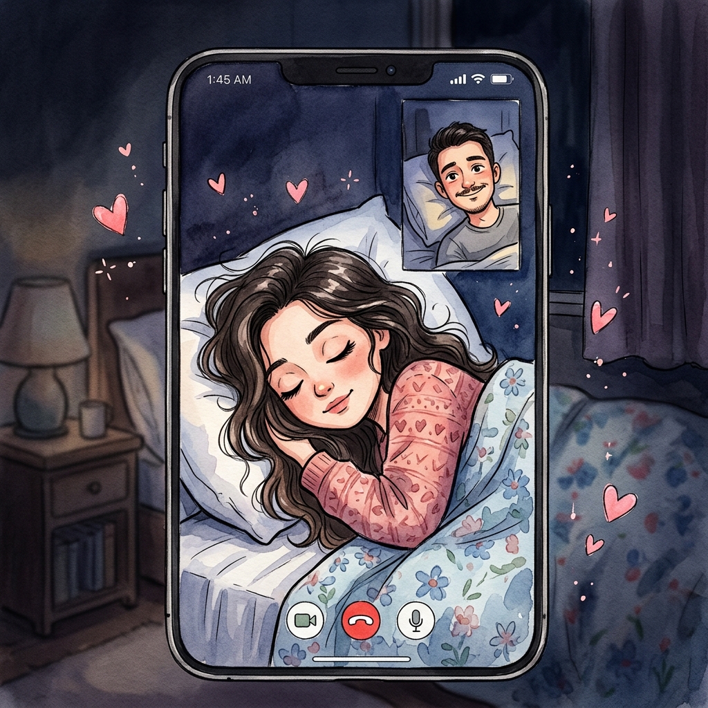 Görüntülü konuşurken uyuyakalan çift karikatürü